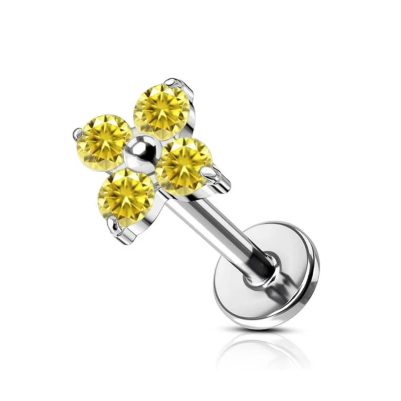 Unisex titano lydinio ausies pirsingo aksesuarai su keturių lapų dobilo žiedo motyvu ir 5A cirkono įdėklu, G23 (ASTM F136) titano lydinys