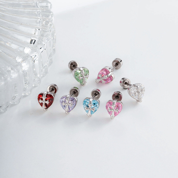 Ausies kremzlės papuošalas - širdies formos cirkonio kristalas, nėrinių kryžiaus dizainas, unisex metalas