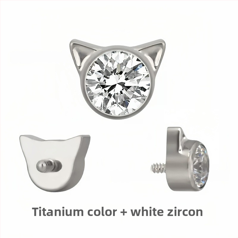 Titano lydinio auskarai su katės ausimi, cirkonas, G23 kokybė, F136 tyrumas, poliruotas paviršius, unisex biuro stilius