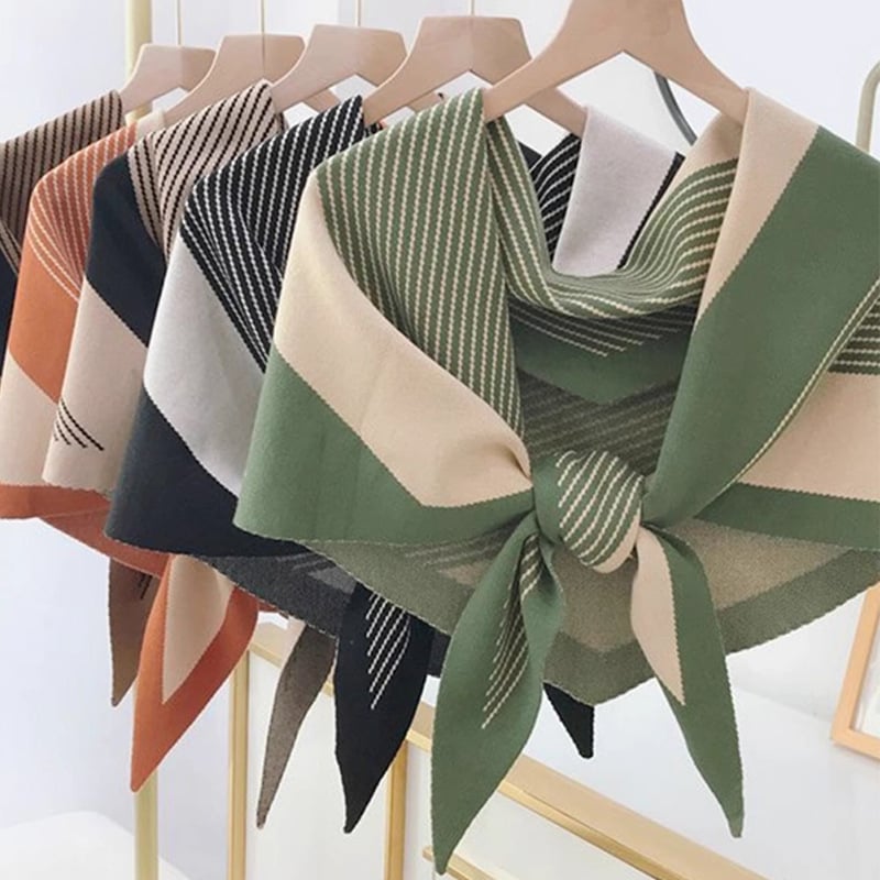 Șal din lână în stil coreean, triunghiular tricotat cu model blocuri de culori, accesoriu decorativ feminin pentru primăvară-vară-toamnă