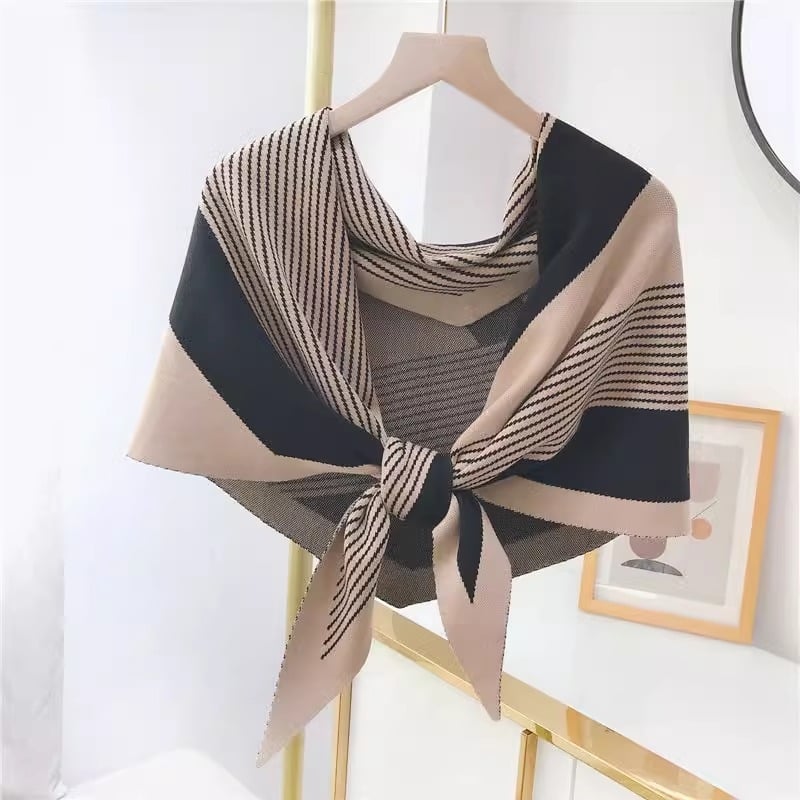 Șal din lână în stil coreean, triunghiular tricotat cu model blocuri de culori, accesoriu decorativ feminin pentru primăvară-vară-toamnă