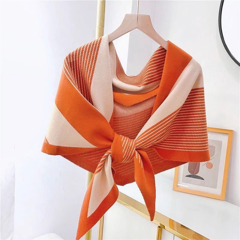 Șal din lână în stil coreean, triunghiular tricotat cu model blocuri de culori, accesoriu decorativ feminin pentru primăvară-vară-toamnă