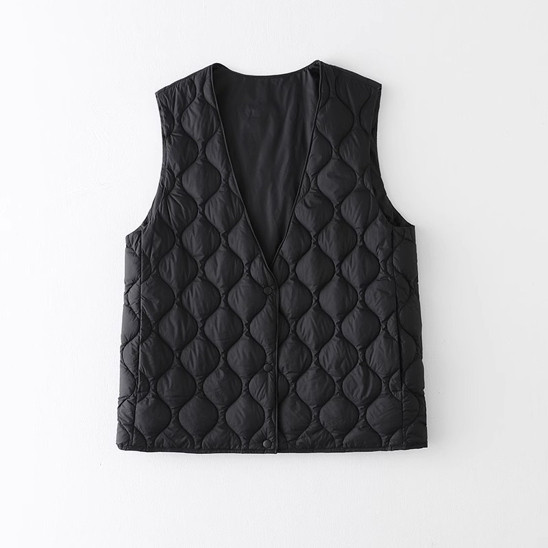 Lagani ženski down vest s V-izrezom, najlon materijal, punjenje bijelim patkicim down 86–90%, standardna duljina