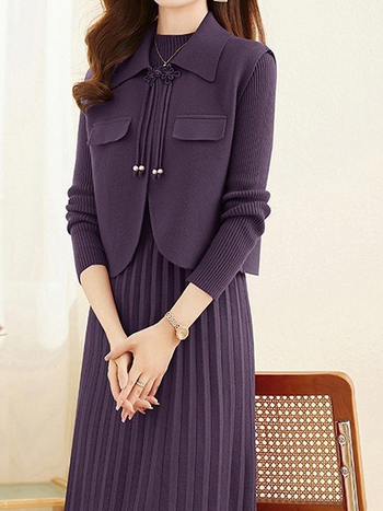 Divu gabalu komplekts sievietēm adīta veste un kleita, vienkrāsains materiāls, puse augsta kakla, garās piedurknes, plisēta midi kleita