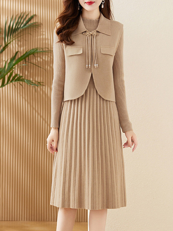 Divu gabalu komplekts sievietēm adīta veste un kleita, vienkrāsains materiāls, puse augsta kakla, garās piedurknes, plisēta midi kleita