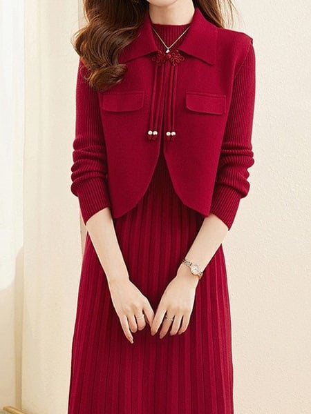 Divu gabalu komplekts sievietēm adīta veste un kleita, vienkrāsains materiāls, puse augsta kakla, garās piedurknes, plisēta midi kleita