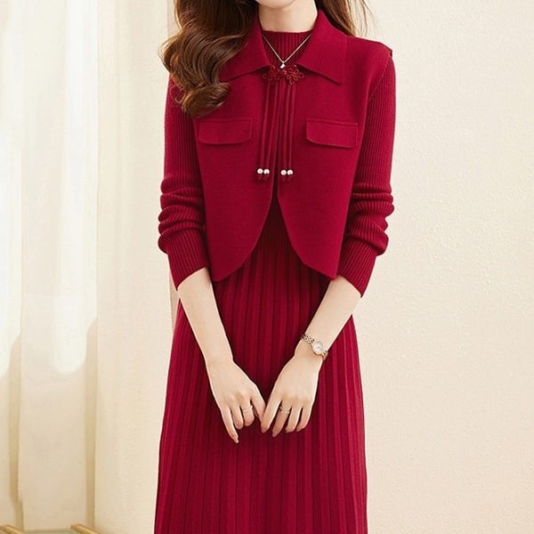 Divu gabalu komplekts sievietēm adīta veste un kleita, vienkrāsains materiāls, puse augsta kakla, garās piedurknes, plisēta midi kleita