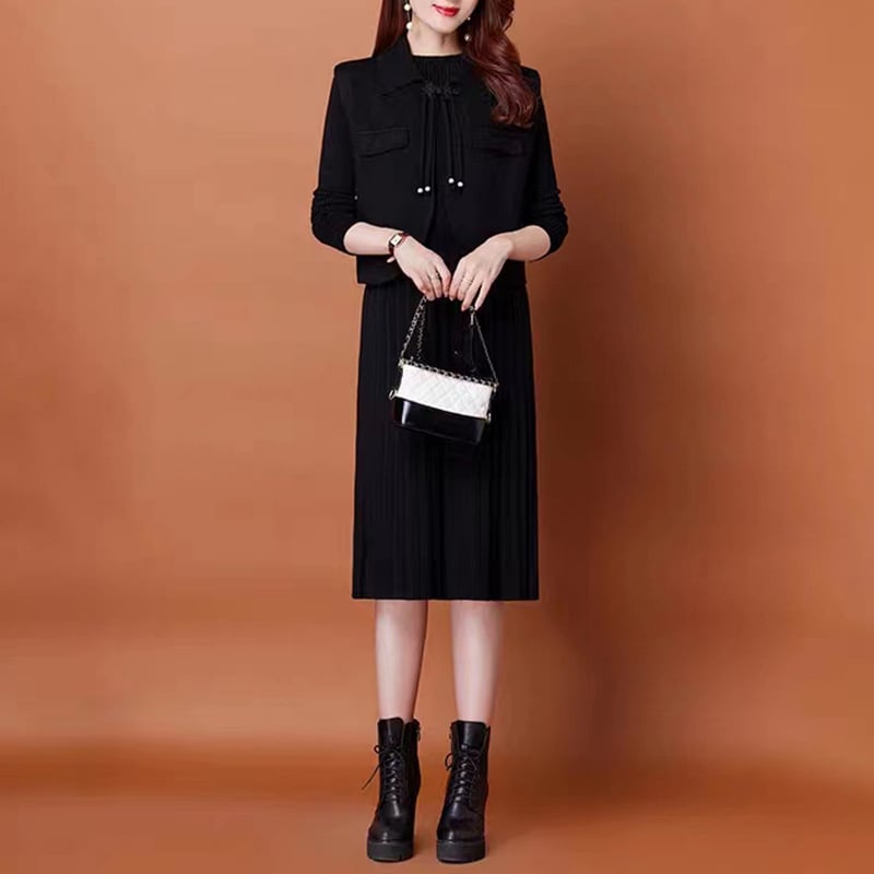 Divu gabalu komplekts sievietēm adīta veste un kleita, vienkrāsains materiāls, puse augsta kakla, garās piedurknes, plisēta midi kleita