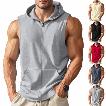 Muška sportska vesta s kapuljom i zatvaračem, širokog kroja, poliester twill, jednobojna, ljetni model