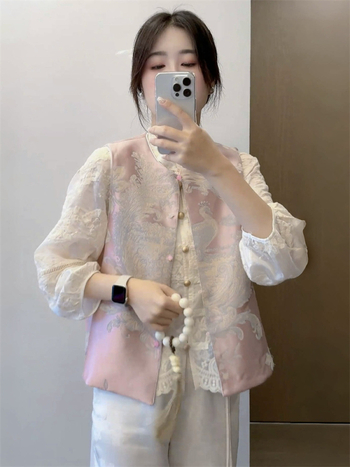 Sievietes izšūta veste jaka, apaļa kakla, poliesters, pavasaris 2025, aizdare vienā rindā ar vairākiem sprādžiem