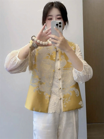 Sievietes izšūta veste jaka, apaļa kakla, poliesters, pavasaris 2025, aizdare vienā rindā ar vairākiem sprādžiem