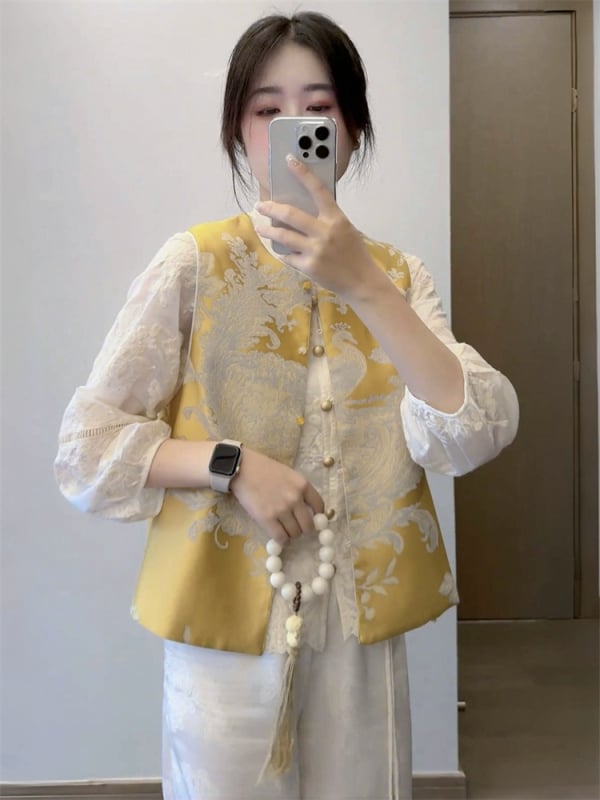 Sievietes izšūta veste jaka, apaļa kakla, poliesters, pavasaris 2025, aizdare vienā rindā ar vairākiem sprādžiem