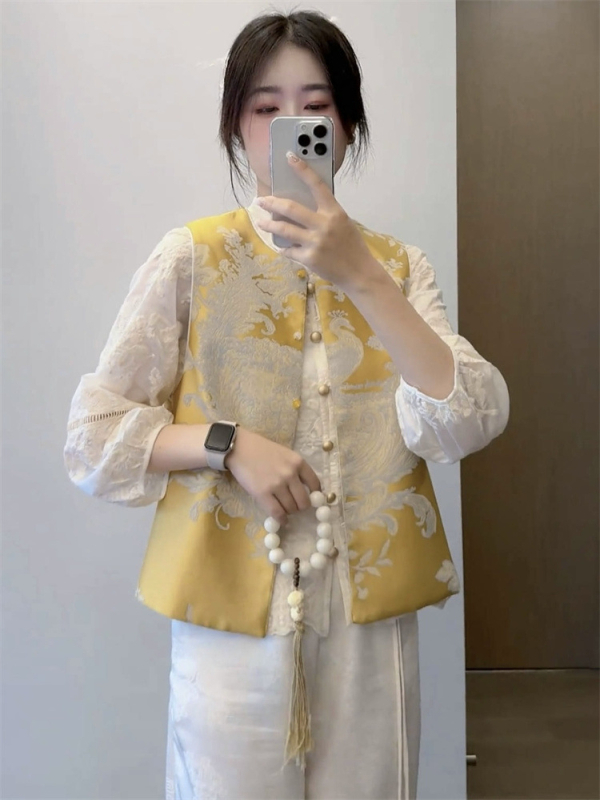 Sievietes izšūta veste jaka, apaļa kakla, poliesters, pavasaris 2025, aizdare vienā rindā ar vairākiem sprādžiem