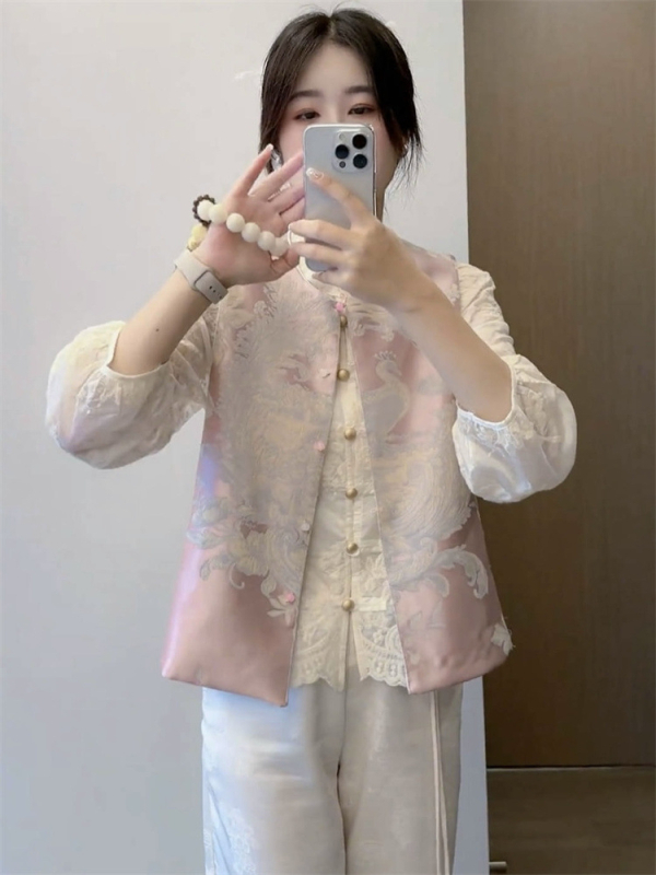 Sievietes izšūta veste jaka, apaļa kakla, poliesters, pavasaris 2025, aizdare vienā rindā ar vairākiem sprādžiem