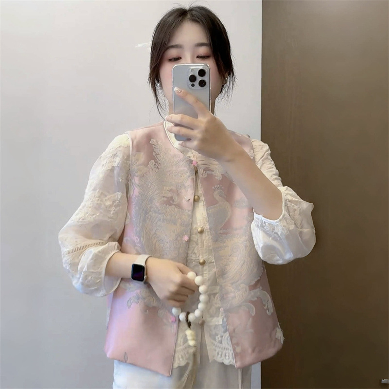 Sievietes izšūta veste jaka, apaļa kakla, poliesters, pavasaris 2025, aizdare vienā rindā ar vairākiem sprādžiem