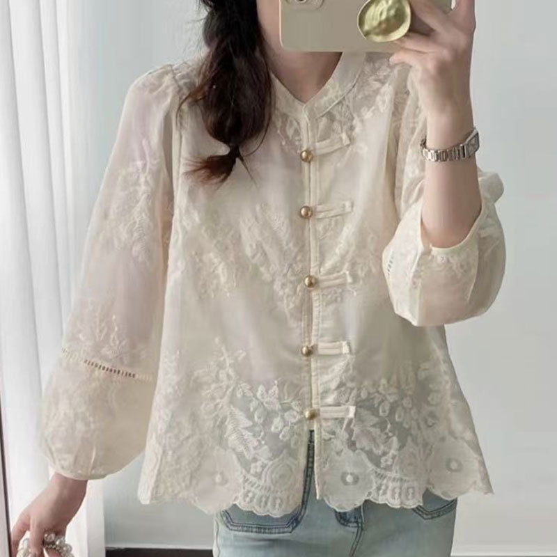 Sievietes izšūta veste jaka, apaļa kakla, poliesters, pavasaris 2025, aizdare vienā rindā ar vairākiem sprādžiem