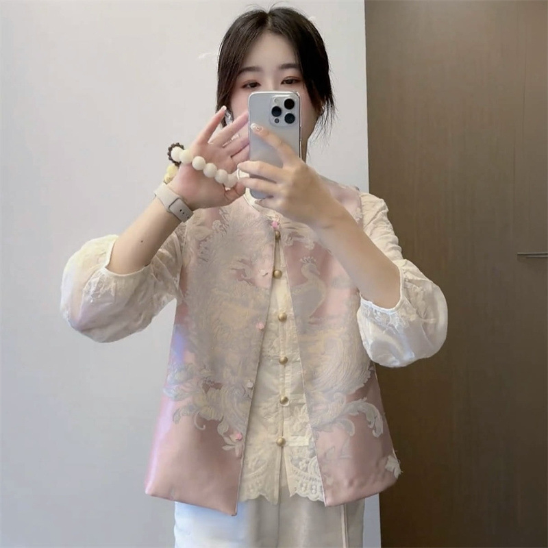 Sievietes izšūta veste jaka, apaļa kakla, poliesters, pavasaris 2025, aizdare vienā rindā ar vairākiem sprādžiem