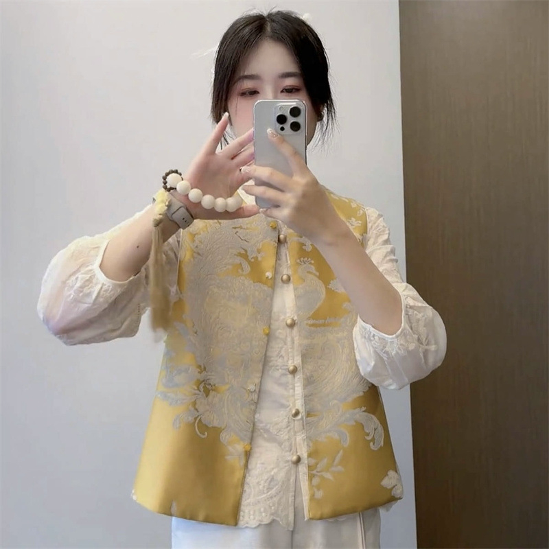 Sievietes izšūta veste jaka, apaļa kakla, poliesters, pavasaris 2025, aizdare vienā rindā ar vairākiem sprādžiem