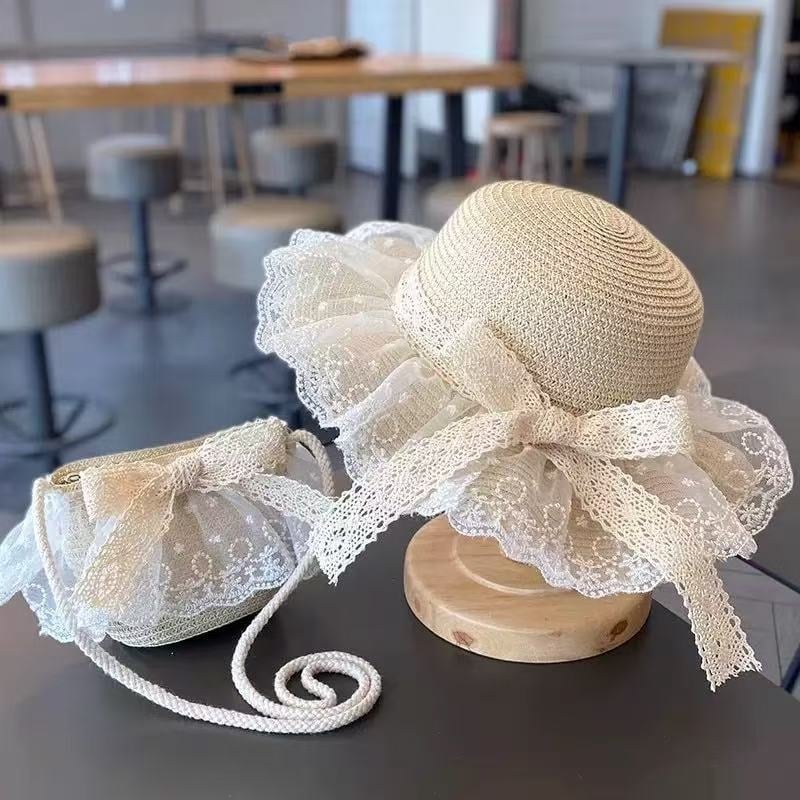 Детска слънчева шапка за момичета от слама със дантелена панделка и широка периферия — рибарски стил
