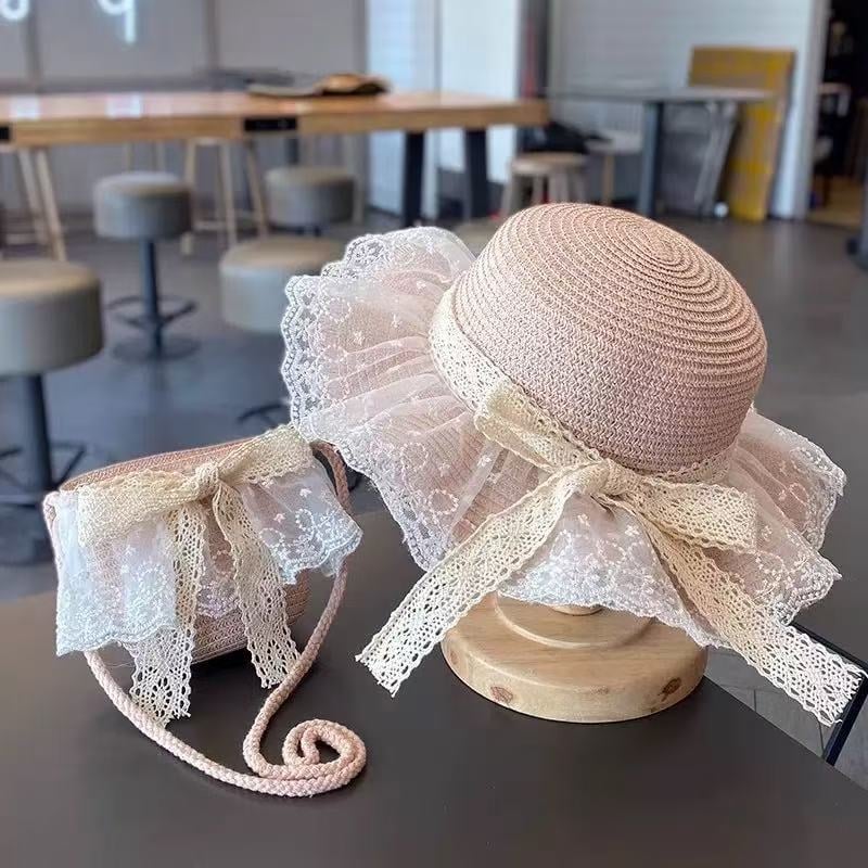 Детска слънчева шапка за момичета от слама със дантелена панделка и широка периферия — рибарски стил