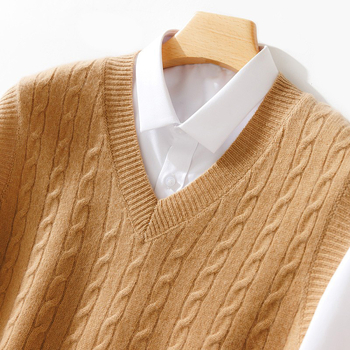 Vīriešu vilnas V-veida kakla vesta bez piedurknēm, brīvs piegriezums, adīta, rudens 2024