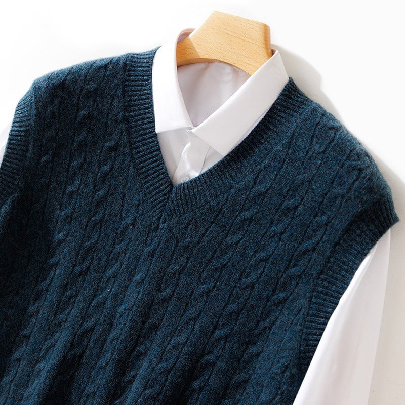Vīriešu vilnas V-veida kakla vesta bez piedurknēm, brīvs piegriezums, adīta, rudens 2024
