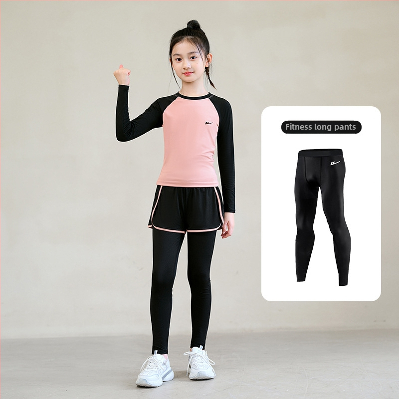 Set sport pentru fetițe, croi strâns, uscare rapidă — poliester/elastan 95/5, căptușeală poliester/elastan 5%, model monocrom, potrivit pentru iarnă, primăvară și toamnă, pentru alergare și fitness