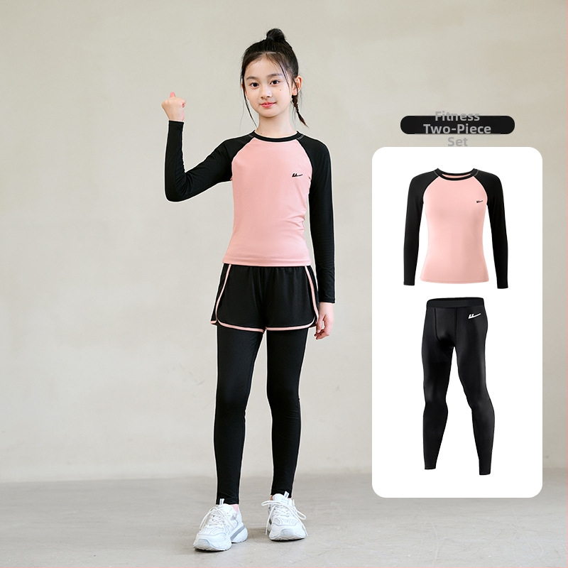 Set sport pentru fetițe, croi strâns, uscare rapidă — poliester/elastan 95/5, căptușeală poliester/elastan 5%, model monocrom, potrivit pentru iarnă, primăvară și toamnă, pentru alergare și fitness