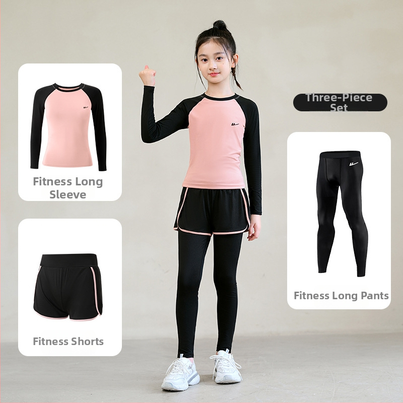 Set sport pentru fetițe, croi strâns, uscare rapidă — poliester/elastan 95/5, căptușeală poliester/elastan 5%, model monocrom, potrivit pentru iarnă, primăvară și toamnă, pentru alergare și fitness