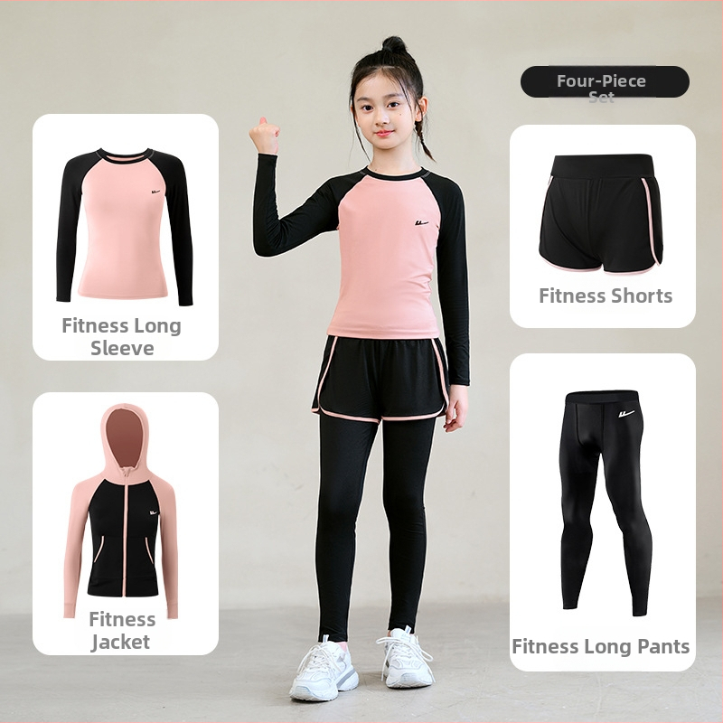 Set sport pentru fetițe, croi strâns, uscare rapidă — poliester/elastan 95/5, căptușeală poliester/elastan 5%, model monocrom, potrivit pentru iarnă, primăvară și toamnă, pentru alergare și fitness