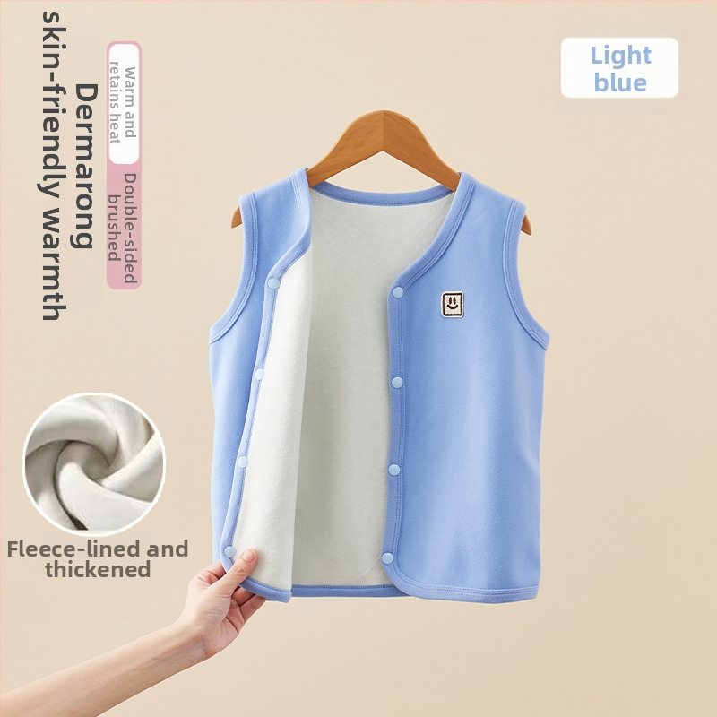 Bērnu ziemas veste ar biezāku flīsa odere, pogu slēgšana vienas rindas, poliestera odere un pildījums, vienkrāsains raksts, akadēmijas kardigāna stils