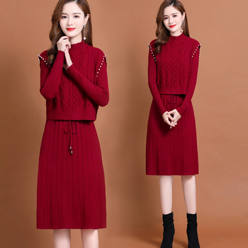 Dvojdielny set: pletené šaty-vesty a kabát, geometrický žakard, dlhé rukávy, elegantný štýl