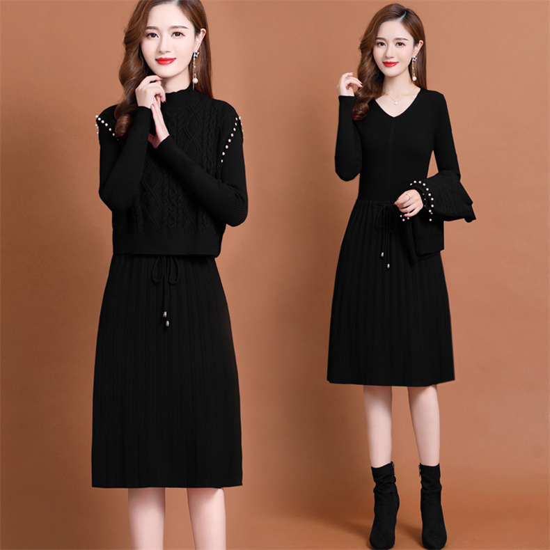 Dvojdielny set: pletené šaty-vesty a kabát, geometrický žakard, dlhé rukávy, elegantný štýl