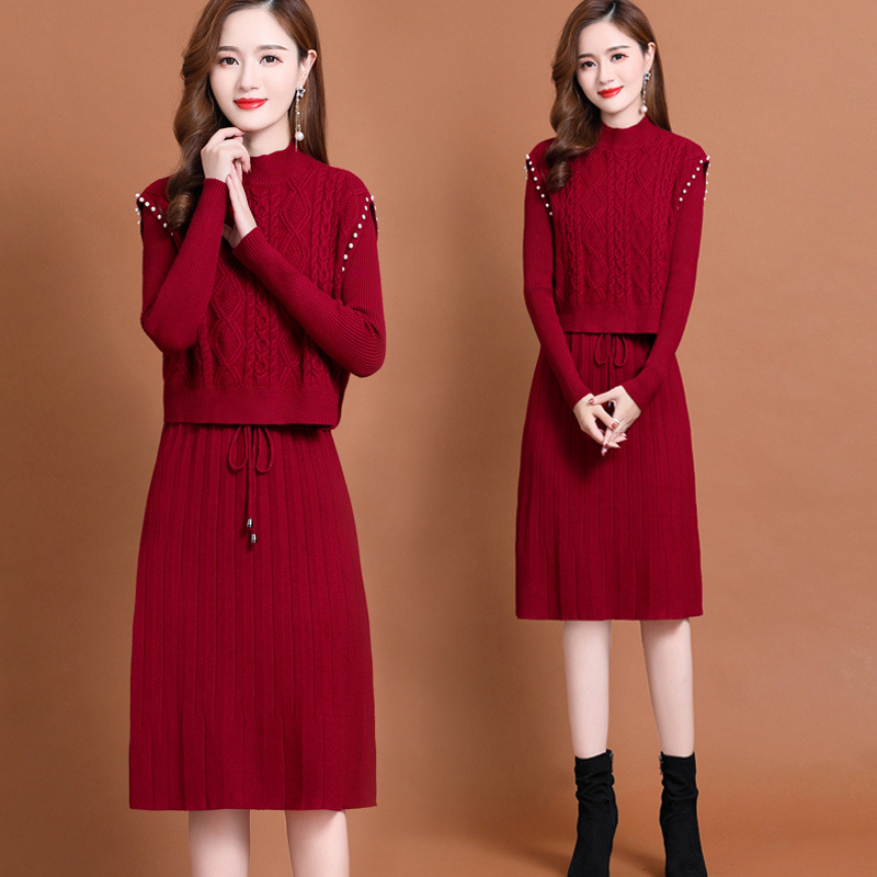 Dvojdielny set: pletené šaty-vesty a kabát, geometrický žakard, dlhé rukávy, elegantný štýl