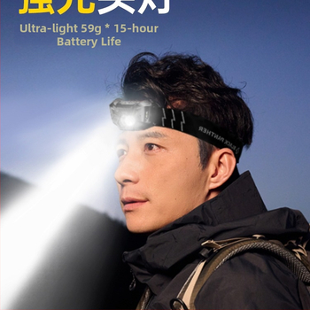 Lanternă frontală pentru pescuit și alpinism cu baterie Li-ion reîncărcabilă de 1500 mAh, rază de iluminare de 200 m, autonomie 6–20 ore, greutate aproximativă 59 g, impermeabil