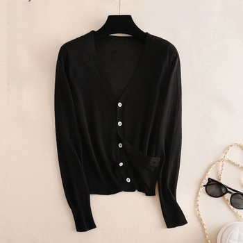 Cardigan subțire din fibre de viscoză, croială lejeră, mâneci lungi, lungime 50–65 cm, închidere cu un singur nasture