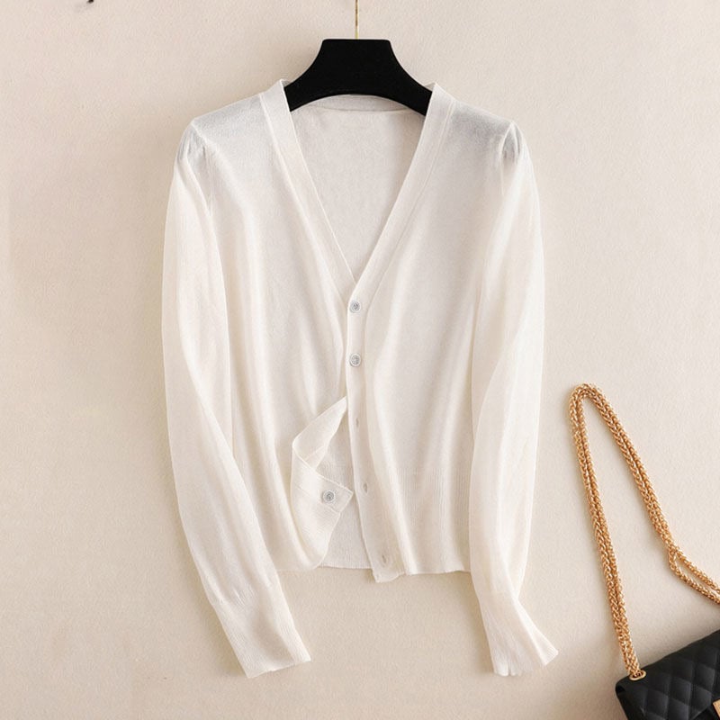 Cardigan subțire din fibre de viscoză, croială lejeră, mâneci lungi, lungime 50–65 cm, închidere cu un singur nasture