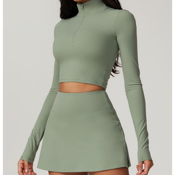 Sieviešu jogas komplekts ar rāvējslēdzēju, garām piedurknēm, ātri žūstošs skriešanas komplekts ar iekšējo topu