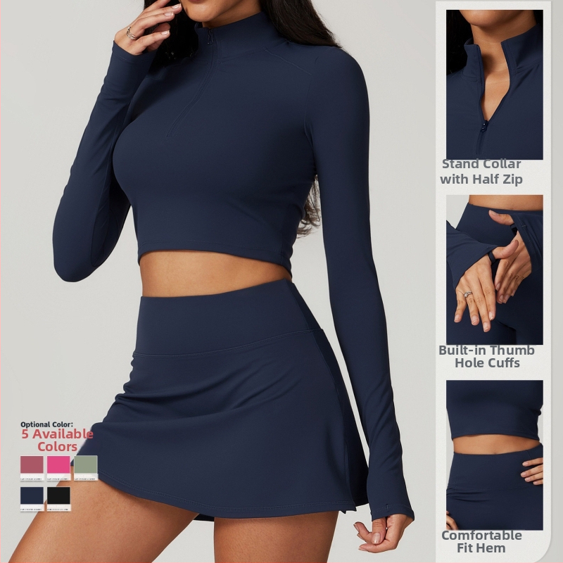 Sieviešu jogas komplekts ar rāvējslēdzēju, garām piedurknēm, ātri žūstošs skriešanas komplekts ar iekšējo topu