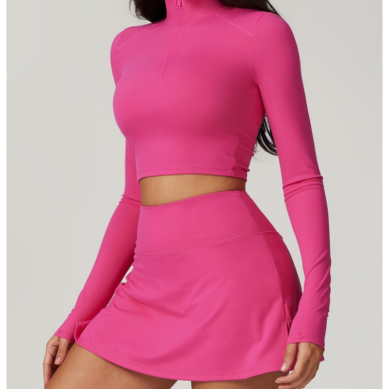 Sieviešu jogas komplekts ar rāvējslēdzēju, garām piedurknēm, ātri žūstošs skriešanas komplekts ar iekšējo topu