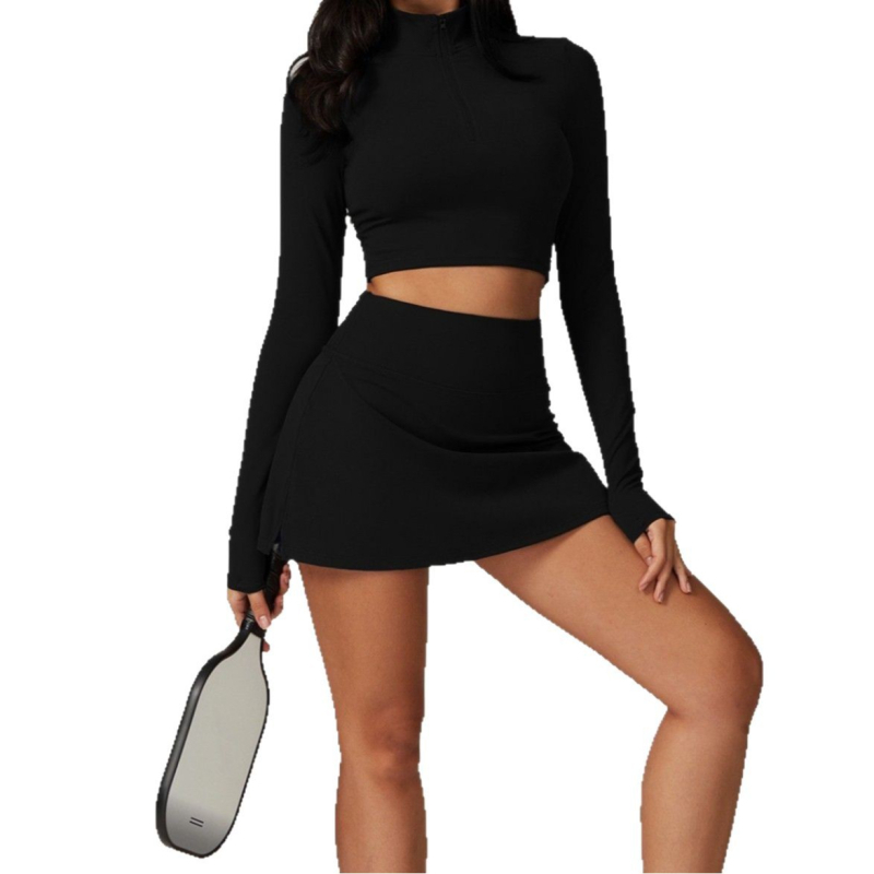 Sieviešu jogas komplekts ar rāvējslēdzēju, garām piedurknēm, ātri žūstošs skriešanas komplekts ar iekšējo topu