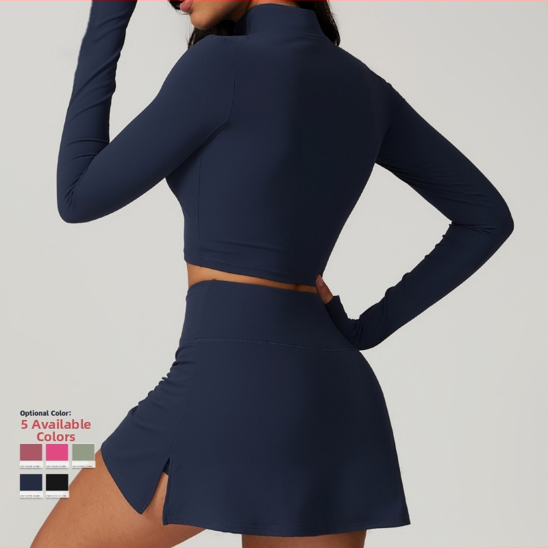 Sieviešu jogas komplekts ar rāvējslēdzēju, garām piedurknēm, ātri žūstošs skriešanas komplekts ar iekšējo topu