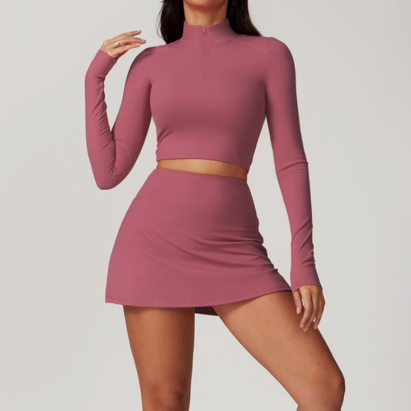 Sieviešu jogas komplekts ar rāvējslēdzēju, garām piedurknēm, ātri žūstošs skriešanas komplekts ar iekšējo topu