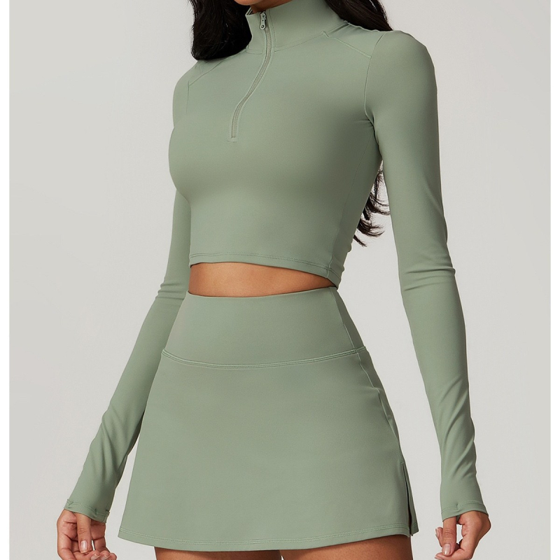 Sieviešu jogas komplekts ar rāvējslēdzēju, garām piedurknēm, ātri žūstošs skriešanas komplekts ar iekšējo topu