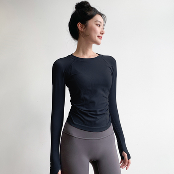 Moterų jogos tops – ilgomis rankovėmis, klubų ilgio, aukšta elastė, greitai džiūstantis audinys, Spandeksas 6% su nailono pamušalu 94%