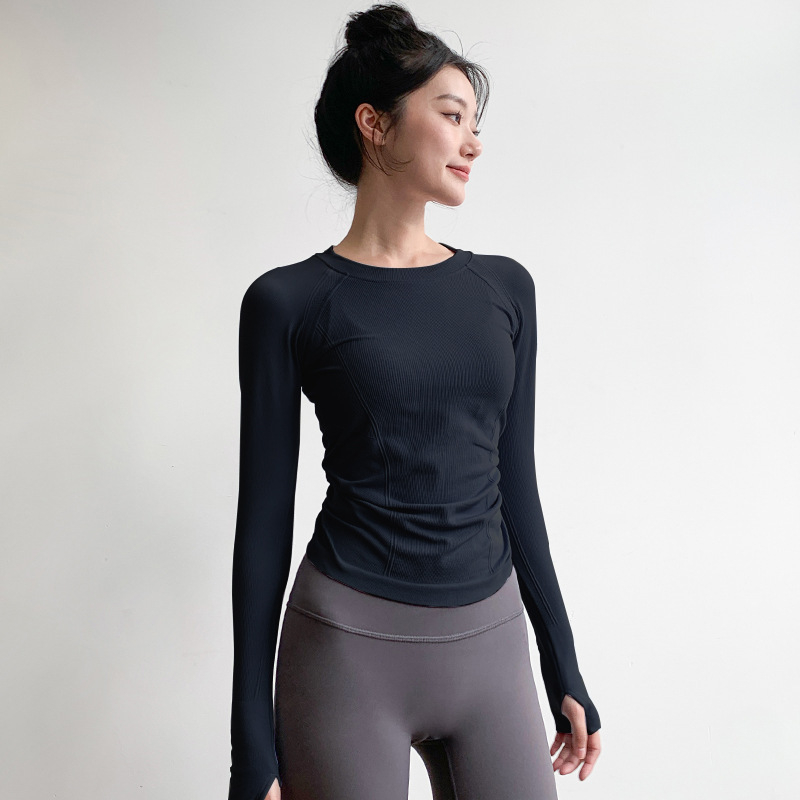 Moterų jogos tops – ilgomis rankovėmis, klubų ilgio, aukšta elastė, greitai džiūstantis audinys, Spandeksas 6% su nailono pamušalu 94%