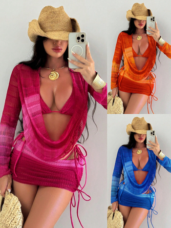 Ženski kupaći kostim 2026 s tie-dye otiskom i mrežastim materijalom, dugi rukavi, plažna haljina, seksi bikini set od četiri komada