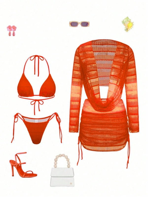 Ženski kupaći kostim 2026 s tie-dye otiskom i mrežastim materijalom, dugi rukavi, plažna haljina, seksi bikini set od četiri komada