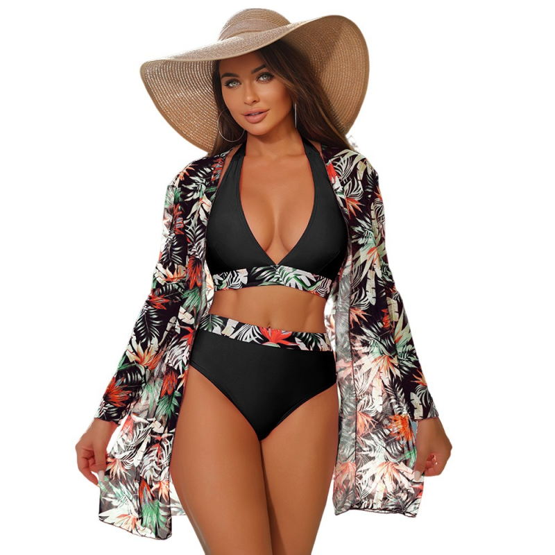 Trodjelni bikini s mrežastim dijelom za žene — otisak, visoka elastičnost, umetak za grudi bez čelične potpore, poliester tkanina, podstava 95% spandeksa