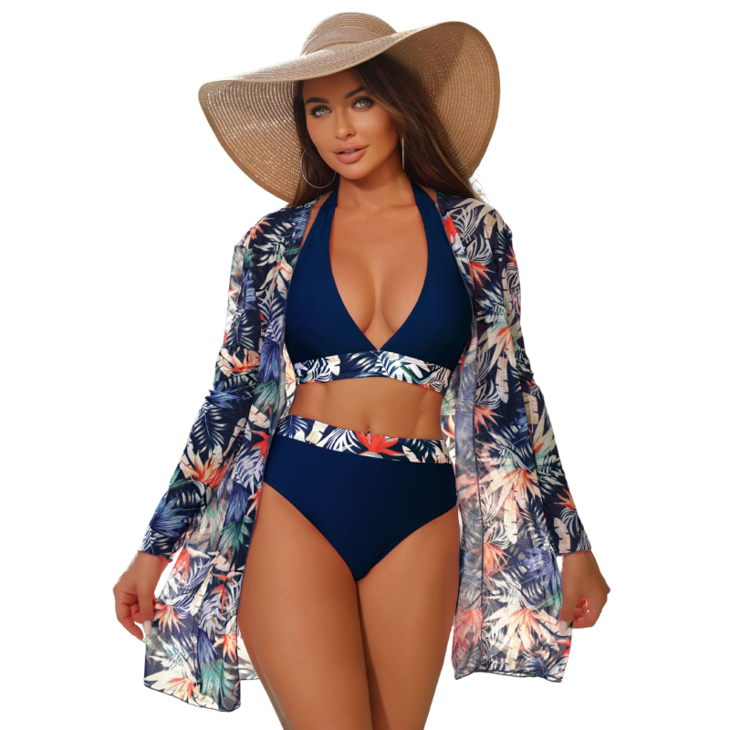 Trodjelni bikini s mrežastim dijelom za žene — otisak, visoka elastičnost, umetak za grudi bez čelične potpore, poliester tkanina, podstava 95% spandeksa